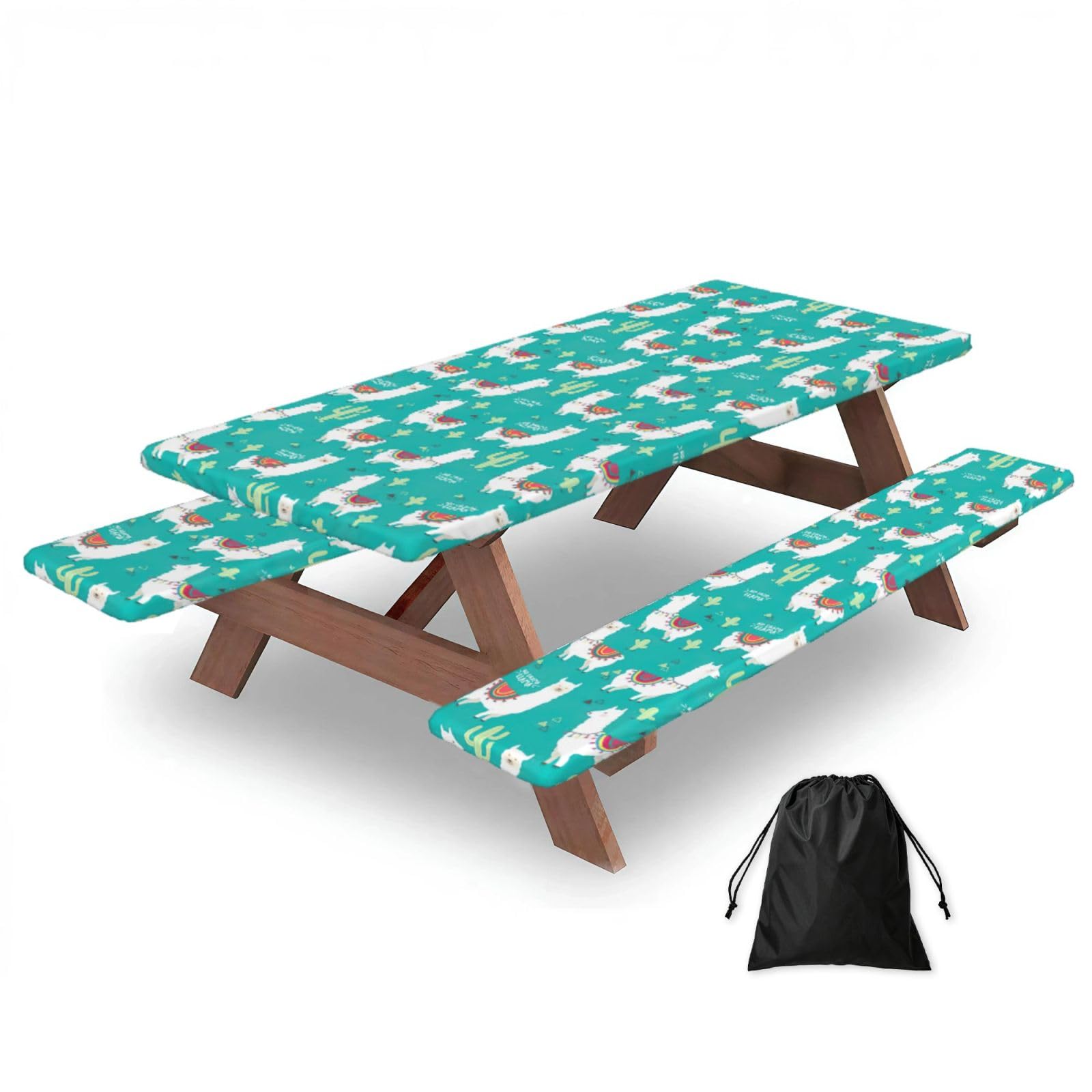 Yqxwjl Black Alpaca Cactus Print Camping Essentials Waterproof Camping Table And Bench Cover With Drawstring Bag 183 Cm
