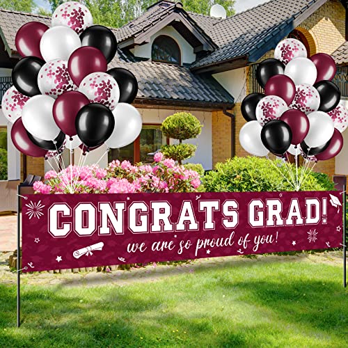 Image of 37Pcs Graduation Banner Balloon Decorations Class of 2026, Congrats Grad Banner Yard Outdoor Decorations, Graduation Balloons Banners Set for High School College Grad Party Supplies, Maroon