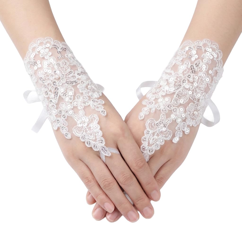 PATPAT® Bridal Wedding White Gloves for Women with Pearl, Elegant Lace Gloves for Women Princess Glove for Bride, Cosplay & Formal Events Banquet Stage Performance Accessories-image-39