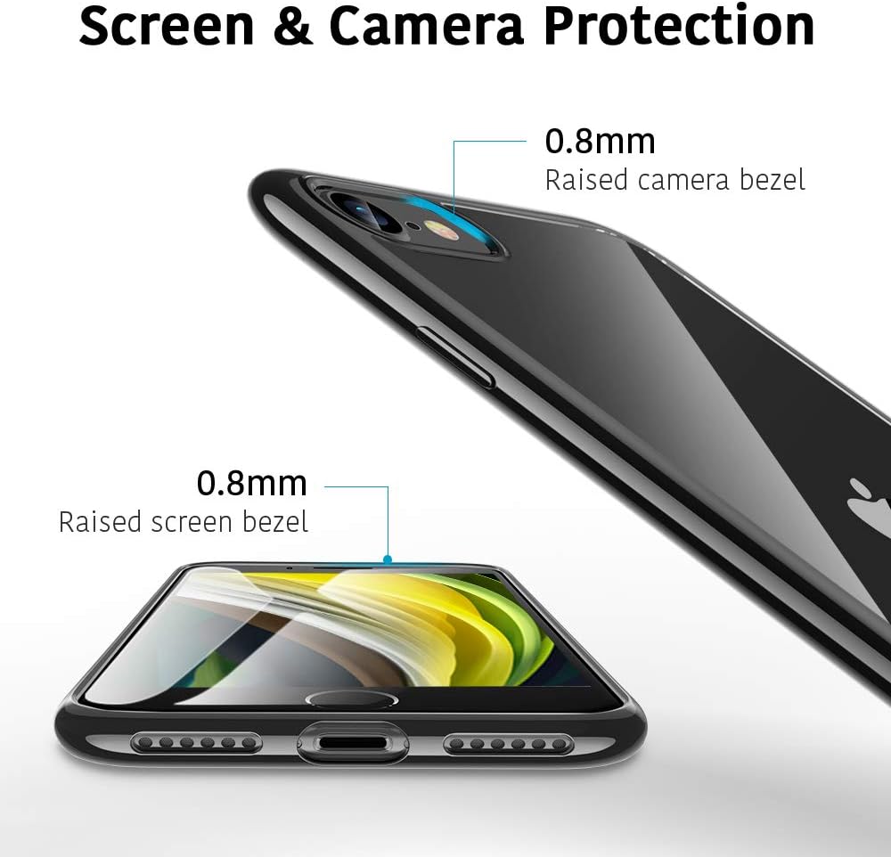 ESR Clear Silicone Case Compatible with iPhone SE (2022), iPhone SE (2020), iPhone 8, and iPhone 7, Thin Soft TPU Transparent Protective Cover, Yellowing Resistant, Metallic Black