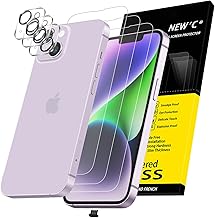NEW'C 3x for iPhone 14 Screen Protector (6.1 inches)+ 3x Camera Lens Protector, Sensor Protection + Dust Plug - Case Friendly Tempered Glass Film, Ultra Resistant