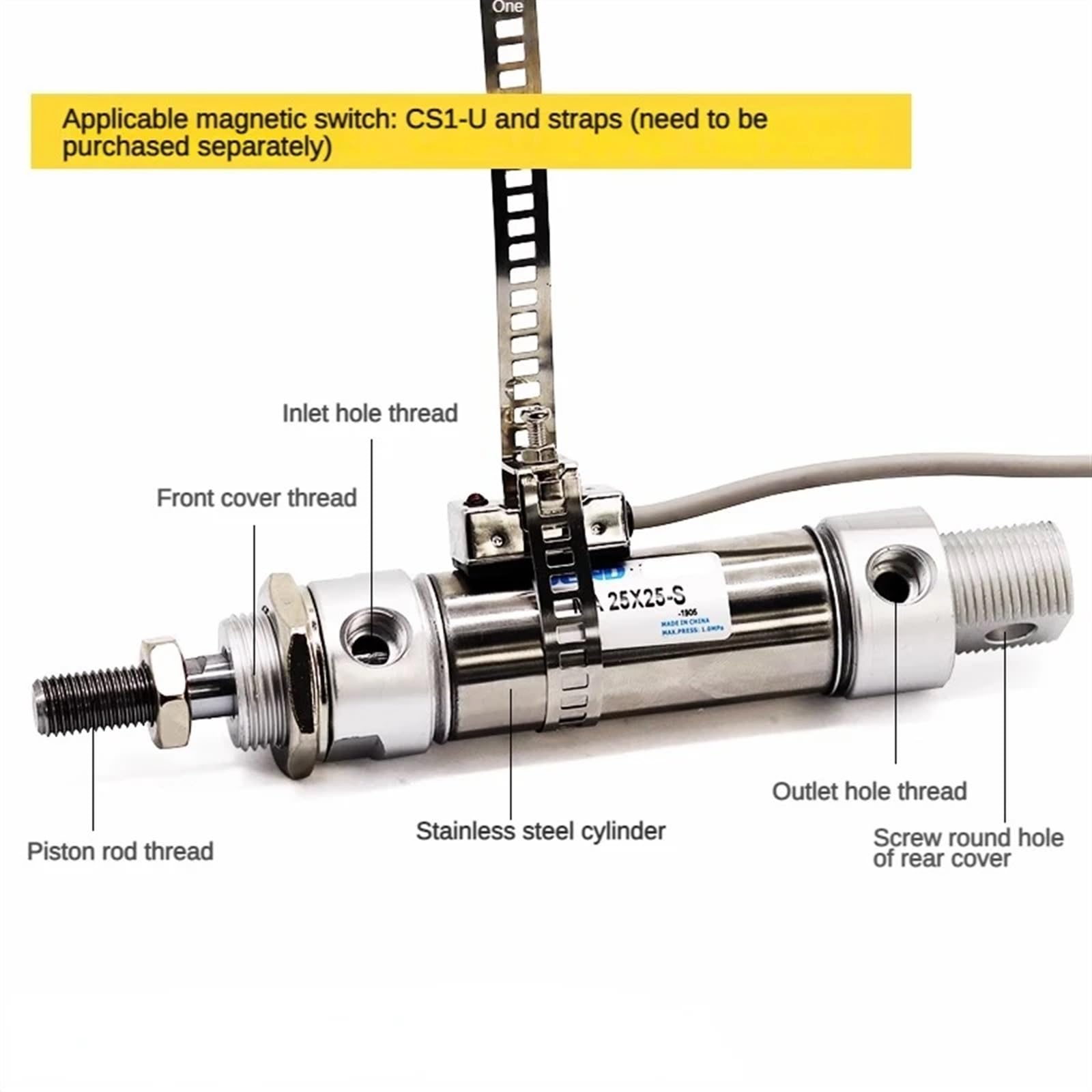 Cilindro Pneumatico Alluminio Con Magnete Heschen Cylindre Pneumatique TN16- 35 (TDA16-35), Alésage 16 Corsa 35mm - 9