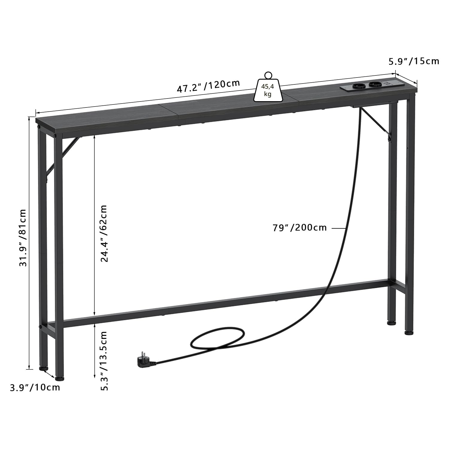Vedecasa Consolle sottile da 15 cm con stazione di ricarica e porte USB, tavolino stretto e basso per ingresso, soggiorno, corridoio, ufficio