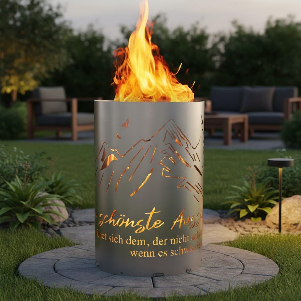 TiKo-Design® Feuertonne Feuerkorb mit Berge Motiv & Spruch