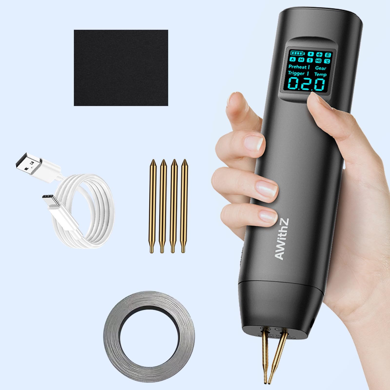 HD2 AWithZ Spot Welder with Double-Ended &amp; Replaceable Tips - 90-Level Dual Pulse Welding for 18650, Phone Battery, 0.2mm Nickel Sheet, LCD Display, Portable &amp; Safe (Black-HD2)