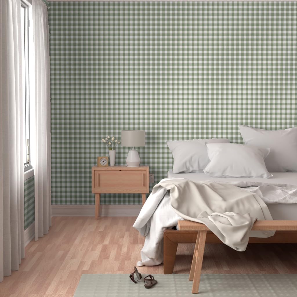 Spoonflower Peel & Stick Wallpaper 3ft x 2ft - Green Plaid Gingham Check Sage Woodland Quilt Cottage Custom Removable Wallpaper