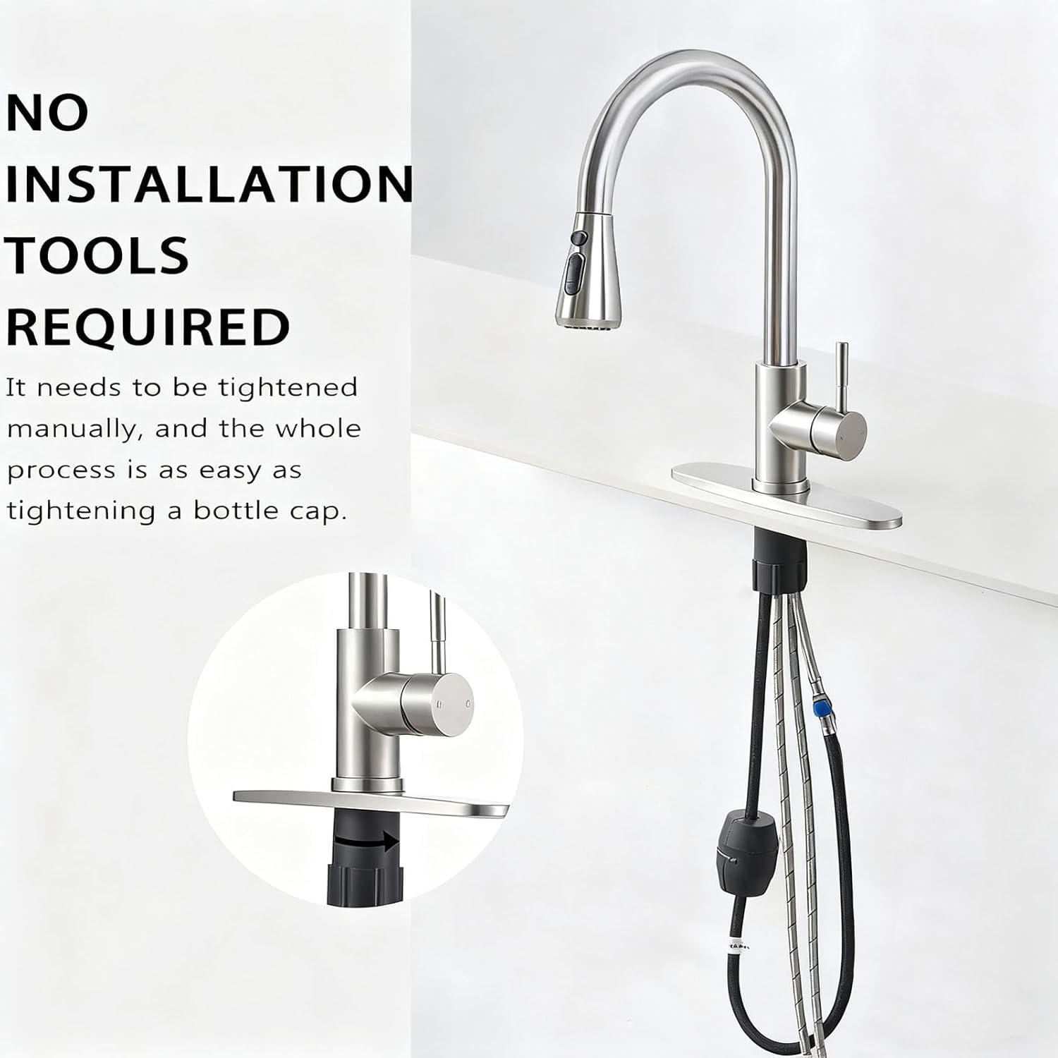 HOTIS Kitchen Faucet with Pull Down Sprayer, Brushed Nickel Stainless Steel High Arc Single Handle Faucets with Deck Plate for 1 or 3 Hole, Suitable for Farmhouse Camper Rv Bar, HT-KYT010L-D-2