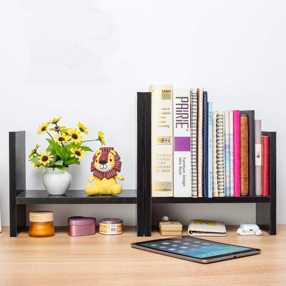 Adjustable Desktop Bookshelf Office Small Desk Storage Organizer Multipurpose Shelf Organizer for Office Wood Counter Top Bookcase (Black） : Office Products