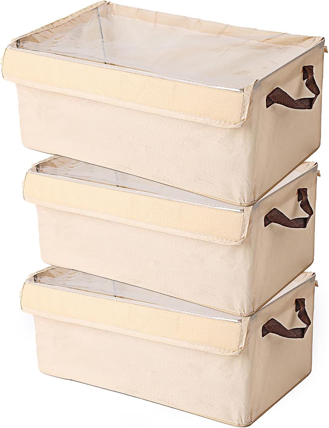 House of Quirk Durable Linen Closet Organizers and Foldable Flip Storage Baskets, Rectangle Storage Boxes for Pants, Jeans, Shirt, Sweaters,Socks (Pack 3, Beige)