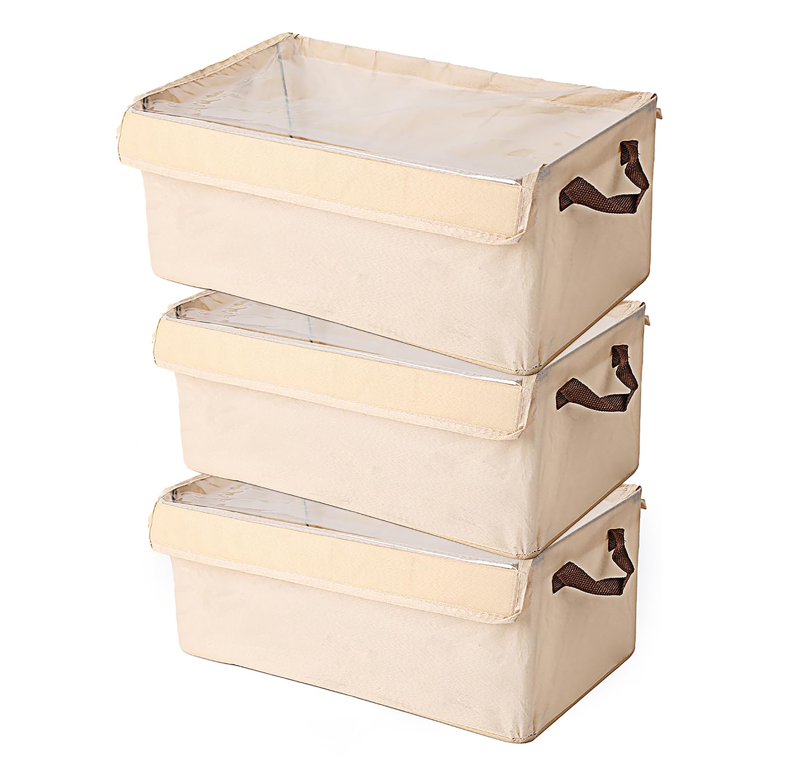 House of Quirk Durable Linen Closet Organizers and Foldable Flip Storage Baskets, Rectangle Storage Boxes for Pants, Jeans, Shirt, Sweaters,Socks (Pack 3, Beige)
