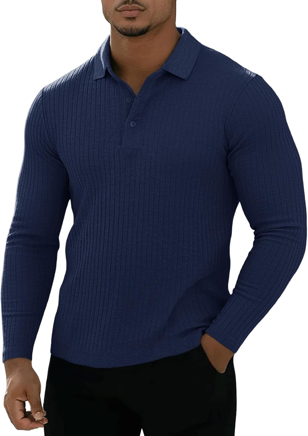 Muscle Cmdr Men's Cotton Long Sleeve Muscle T Shirts Slim Fit Business Casual Tee Short Sleeve Ribbed Polo V Neck