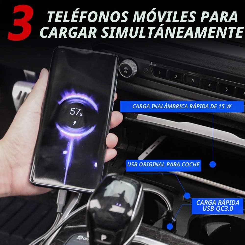 Cargador Inalámbrico Coche Auto para BMW X3/X4 2018 2019 2020 2021 Consola Central Panel, 15W Carga Rápida Auto Teléfono Cargador con QC3.0 USB Puerto para iPhone 12/11/X/8 Samsung S20/S10