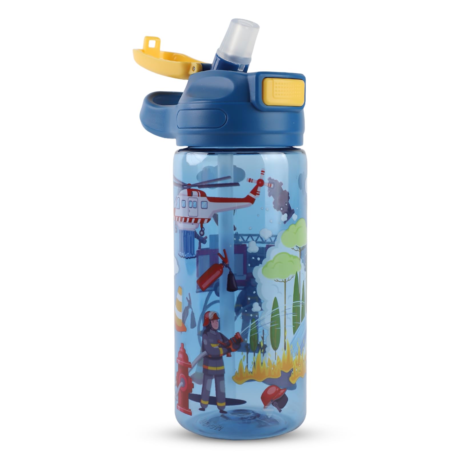 MHwan Kids Water Bottles, 600ml, Sturdy, Unbreakable, Leakproof, BPA-Free, One-click activation, Easy to Clean, Children's Water Bottle with Straw, Ideal for School and Outdoors (Firefighter)