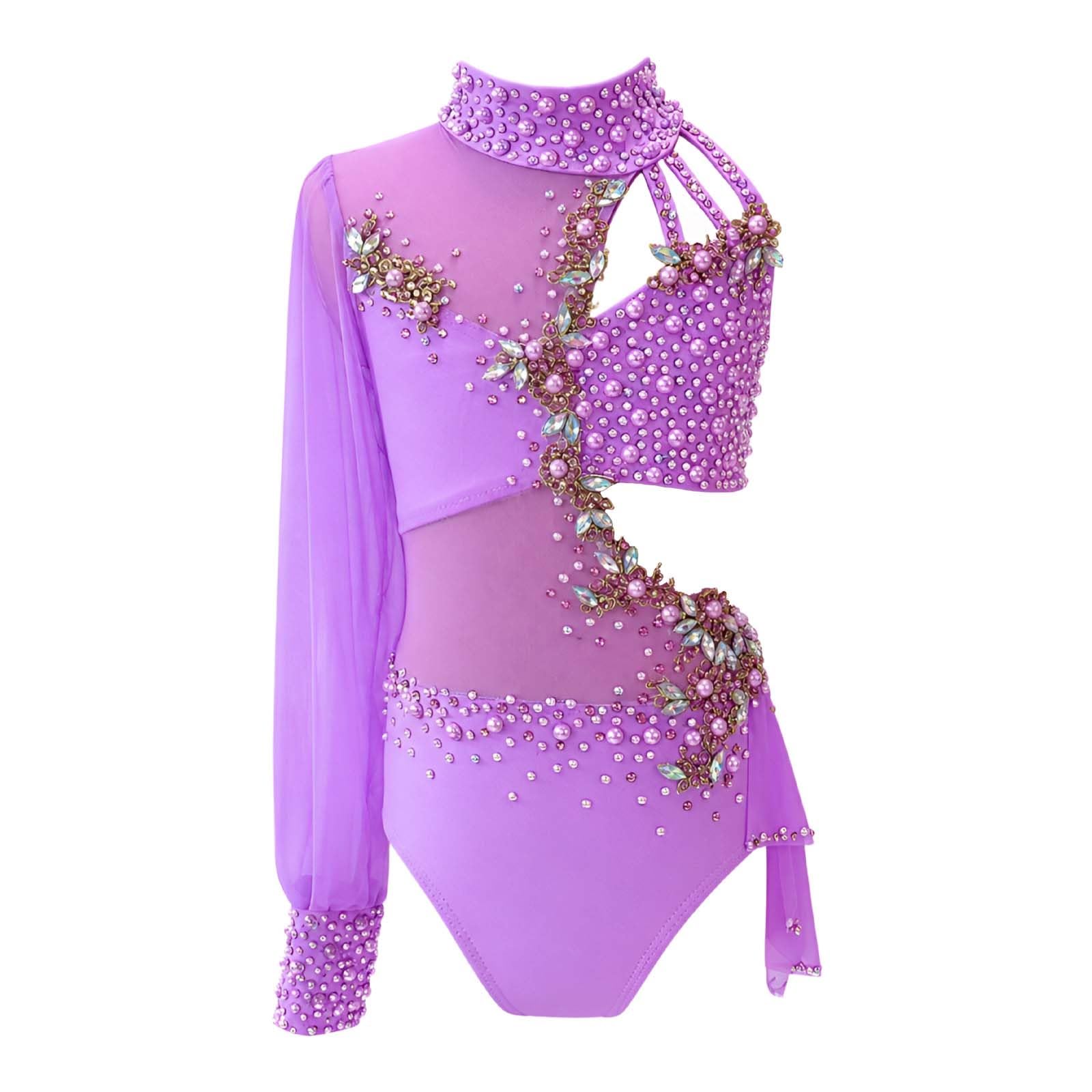 Strój do Tańca Lirycznego Damski Jednorękawowy z Cutout na Scenę Live | Strój do Tańca Nowoczesnego, Elastyczny Spandex z Siatką Szyfonem i Kryształkami, Odkryte Plecy na Scenę Live Show