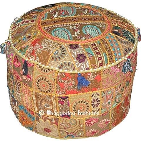 Indian Home Decorative Ottoman Handmade Pouf, Indian Comfortable Floor Cotton Cushion Ottoman Cover Embellished With PatchWork And Embroidery Work, Indian Round Ottoman Pouf Floor Stool/Foot Stool, 18x13 Inch. By Bhagyoday Cover