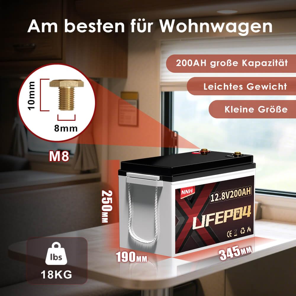 Lifepo4 200AH 12V Batterie mit Bluetooth, Lithium Batterie 12V 200AH mit 200A BMS,8000 Zyklen Deep Cycle,Perfekt für Auto Camping Wohnwagen,Wohnmobil,Solar