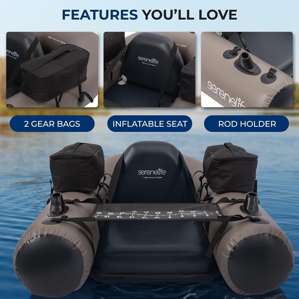 SereneLife Nadmuchiwana tuba wędkarska – ponton typu float tube z PVC do wędkowania z uchwytem na wędkę, 2 wodoodpornymi kieszeniami do przechowywania, miarką wędkarską i udźwigiem do 220 lb