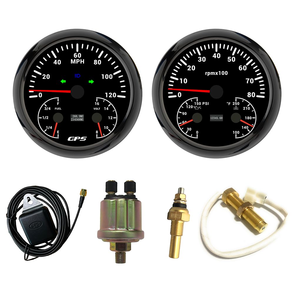ELING 110mm 2 Gauge Set GPS Speedometer 120MPH Tachometer 8000RPM Fuel Level Water Temp. Oil Pressure 0-150PSI Voltmeter for Yachts Car 12V with Sender (Black+Black, 0-120MPH Gauge and Sensor Set)