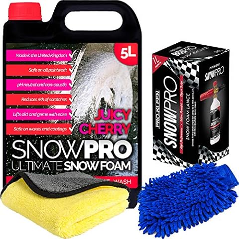 SnowPro Snow Foam Shampoo Car Wash Soap 5L pH Neutral Pre Wash Cherry Fragrance With Microfibre Mitt, Cloth and Lance Gun Kit Cover