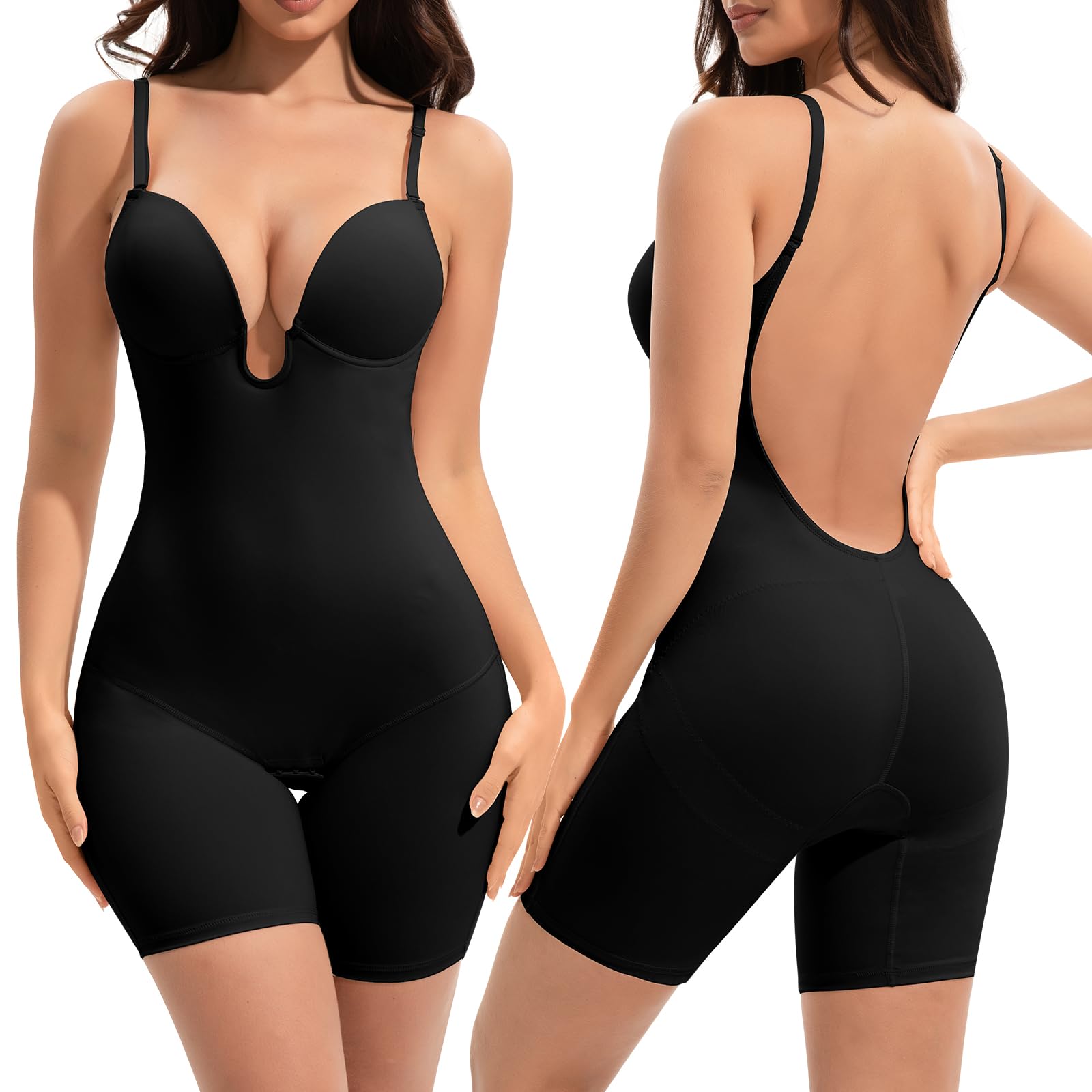 Slimers Backless Shapewear Tummy Control: Low Back Plunge Shapewear Bodysuit - Slimming Built-In Bra Full Body shaper Woman
