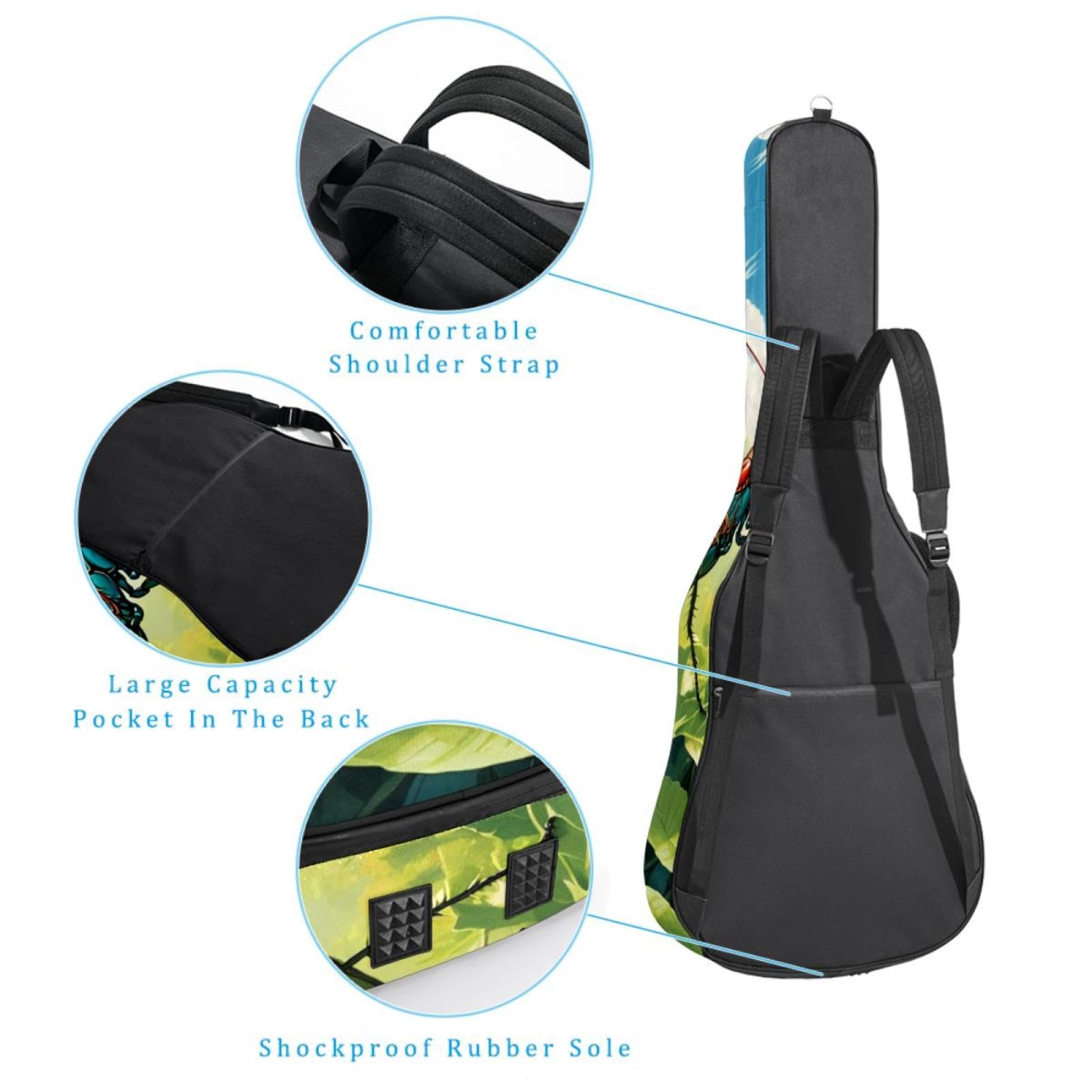 Tasche für Akustikgitarre, groß, schöne Gitarrenkoffer, passend für 40/41/42 Zoll, wasserdichte Gitarren-Gigbag mit schützender Schwammschicht, süßes Cricket, mehrfarbig, 42.9x16.9x4.7 in,