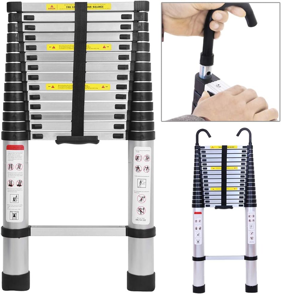 6.2M Telescopic Ladder with Detachable Hook, Heavy Duty Aluminum Telescoping Ladders, Multipurpose for Loft Roof Indoor Outdoor, 330lb Load Capacity