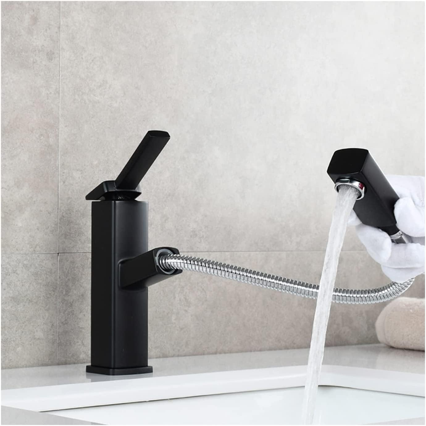 Ksunun Bathroom Faucet Single Handle Bathroom Sink Faucet for Hot and Cold Water with Pull Out Basin Mixer Tap Brass Lavatory Faucet,Black Short Interesting