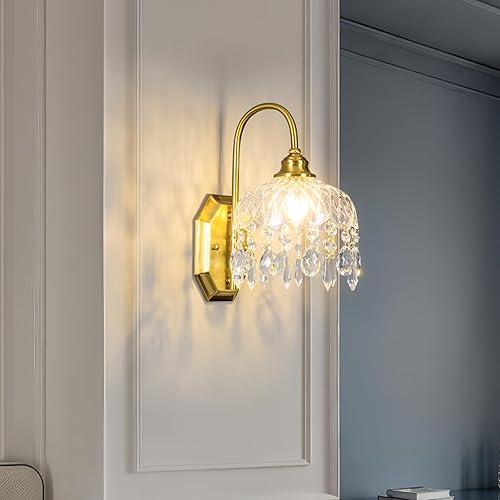 Miniatura 3 de Juego de 2 apliques de pared vintage, apliques de pared de cristal de cristal, acabado de latón antiguo cepillado mate, juego de dos para