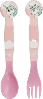 Set of 2 Reusable Plastic Children's Cutlery, with Unicorn Spoon, Fork and Spoon, Set of 2