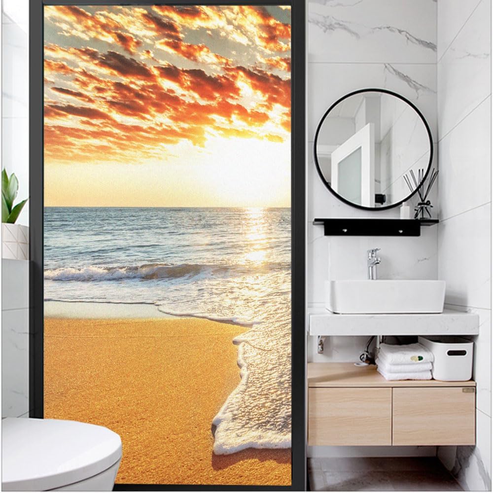 Sea Beach Scenery Pattern Privacy Window Film Heat Control UV Blocking Window Glass Film Static Cling Decorative Frosted Window Sticker(50x140cm)