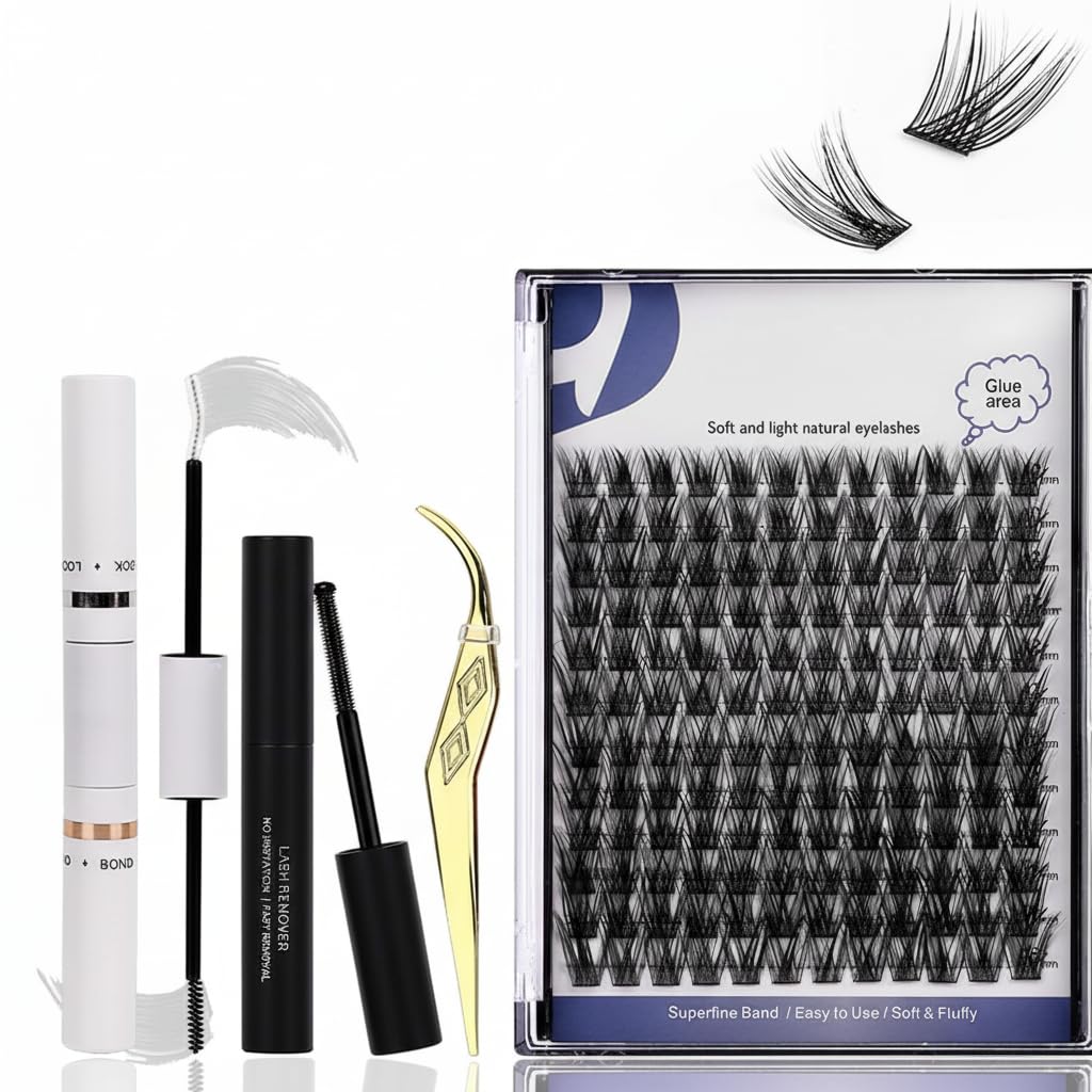 Individual False Eyelashes Set Lash Clusters Kit Fake Eyelashes Natural-Looking Eyelash with Lash Bond and Seal and Lash Tweezers Eyelash Extension Kit