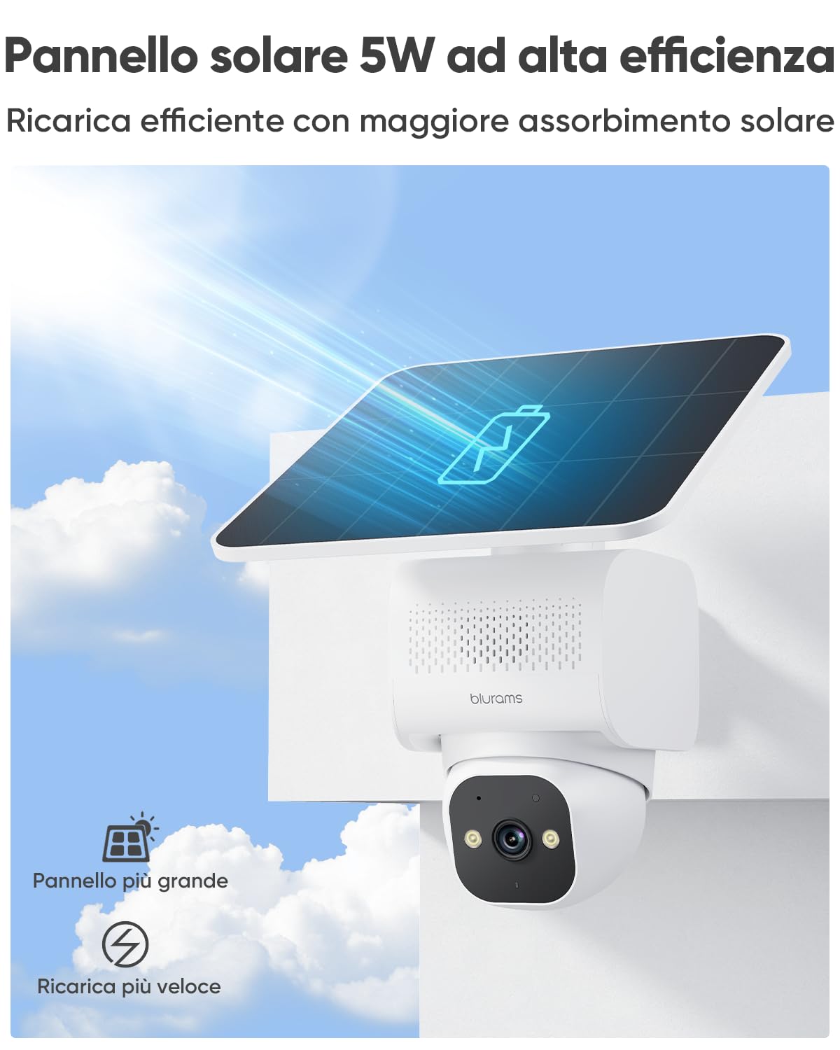 blurams 4K Telecamera WiFi Esterno Senza Fili Solare h24 | 8MP, Batteria 12000mAh con pannello 5W, Registrazione 24/7, Wi-Fi 6 Dual-band 2,4 GHz & 5 GHz, 360 gradi, IP66 Impermeabile