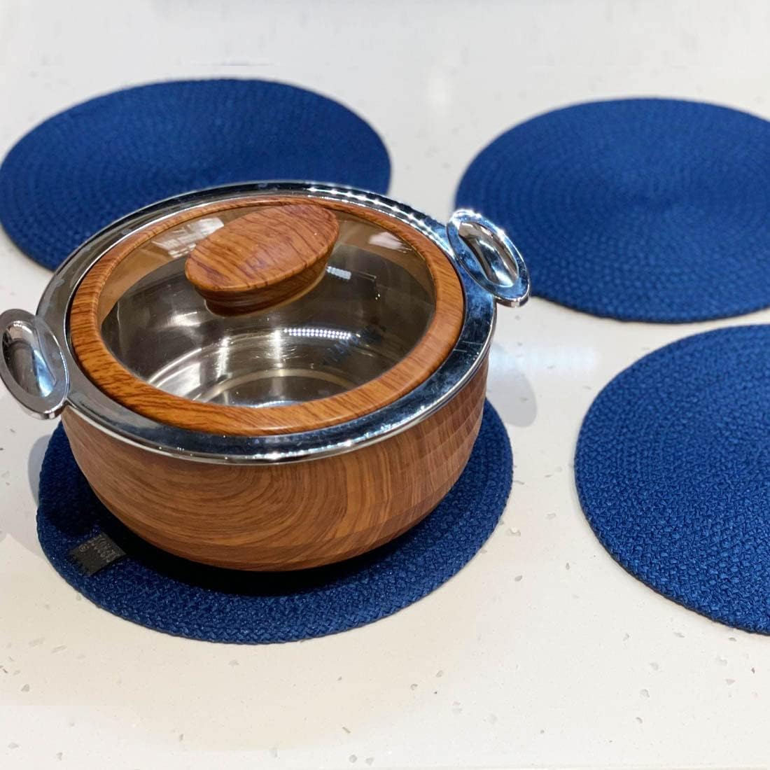 SAPROSE® Polypropylene Round Trivet (4 PC Pack, 20 cm) Braided Pot MAT, Side Table Mat, Machine Washable Small Place Mat for Casserole for Dining Table (Blue - 8 inch Dia) 1
