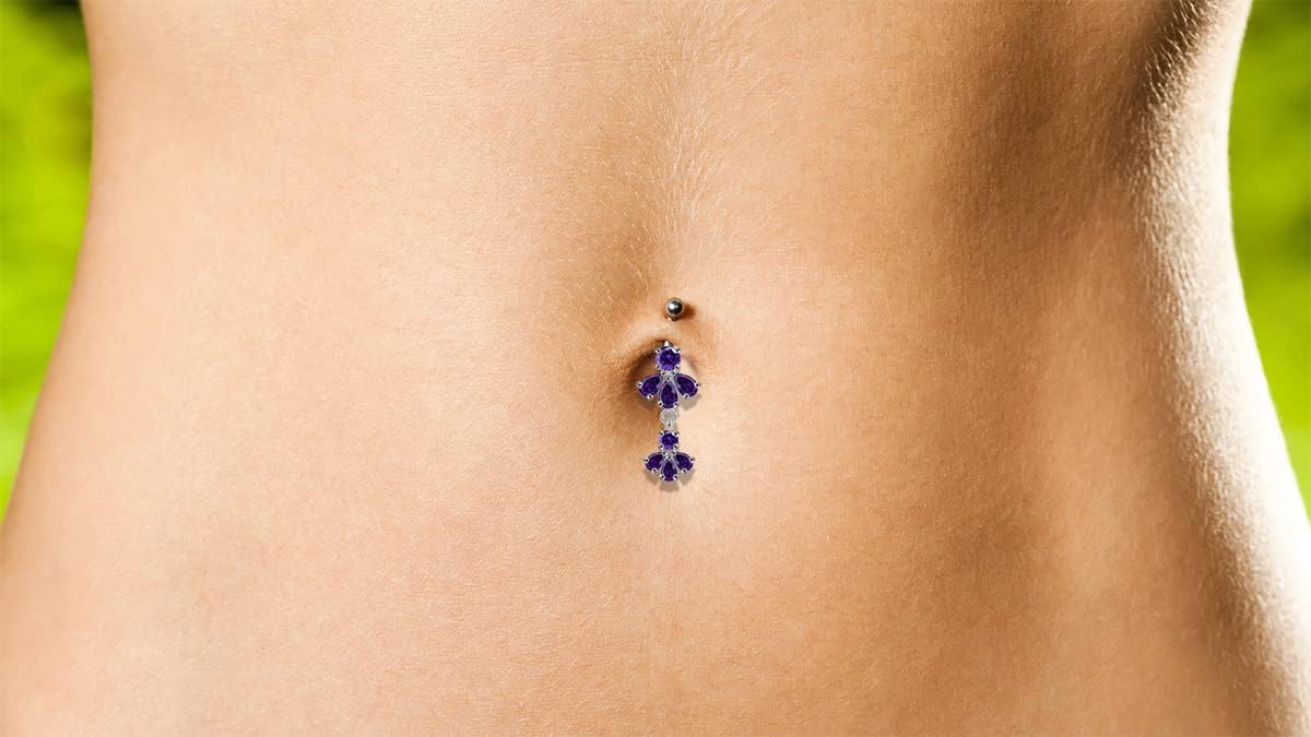 Stylish Double Flower Dangling Design 925 Sterling Silver with Stainless Steel Belly Ring - Belly Button jewelry - Navel jewelry