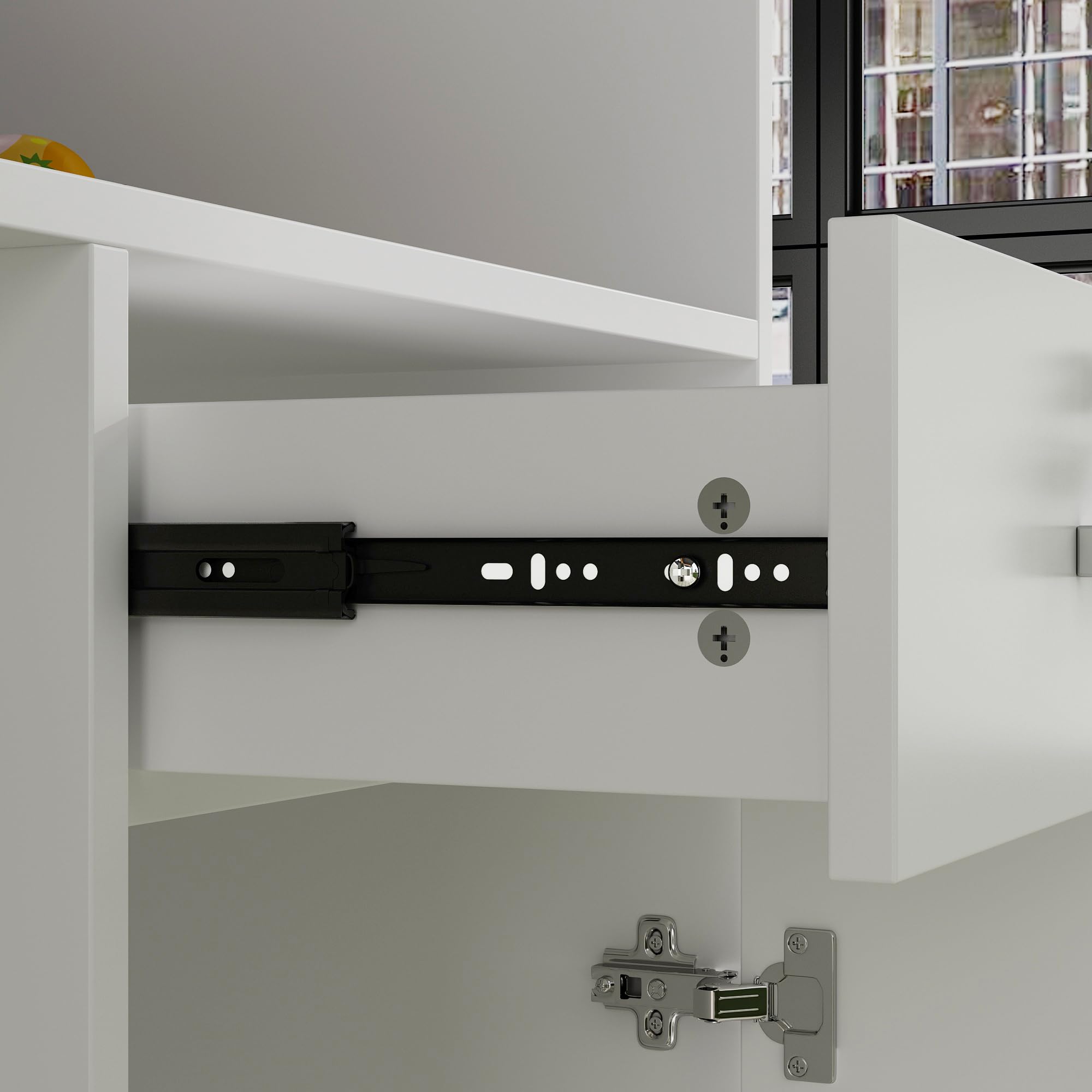 Banco di reception, banchi di reception, banchi di ricevimento, bancone con cassetti e armadi chiudibili, bancone con ripiani aperti regolabili, 140 x 60 x 110 cm, MDF