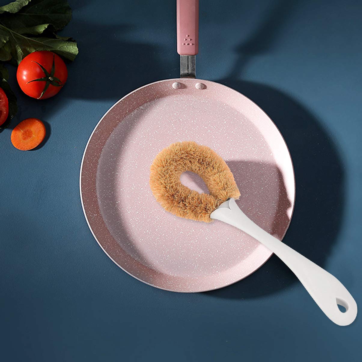 BCOATH Household Coconut Pot Brush with Long Handle Durable Scrub Brush for Kitchen Cleaning for Dishes and Plates Non Scratch Design Easy Storage White