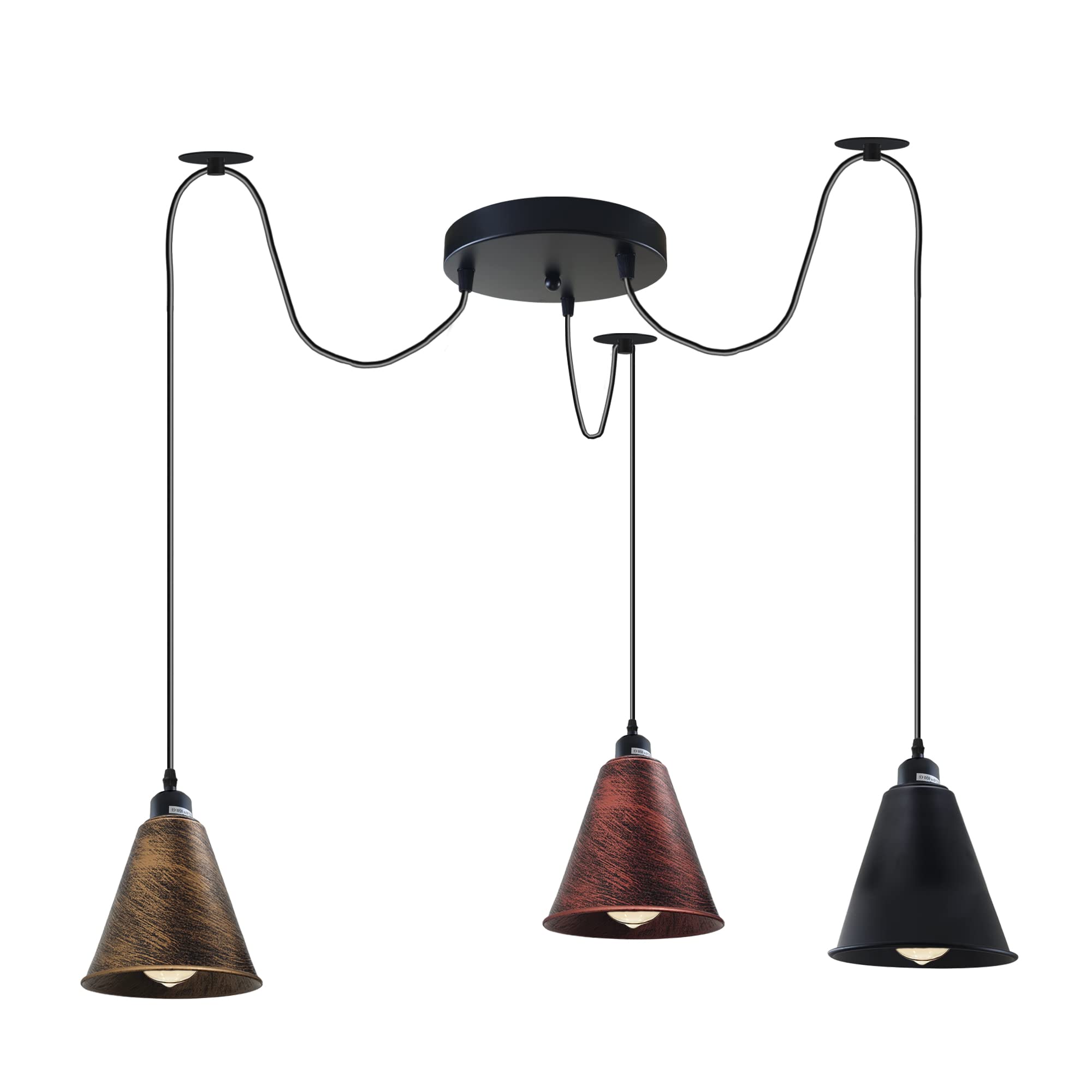 LEDSone 3 Way Spider Light Ceiling Pendant with 195cm Adjustable Cable, Metal Cone Shade E27 Industrial Hanging Chandelier for Living Room, Dining Room, Cafe, Bar, Kitchen