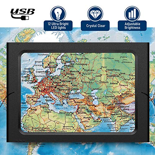 Lupa de Lectura,Lupas de Aumento 2.5X de Página Completa con 12 Luces LED, Lupa de Manos Libres con Soporte y Cordón - Ayuda Visual Tamaño A4 Grande Iluminada para Libros y Periódicos, a Pilas o USB