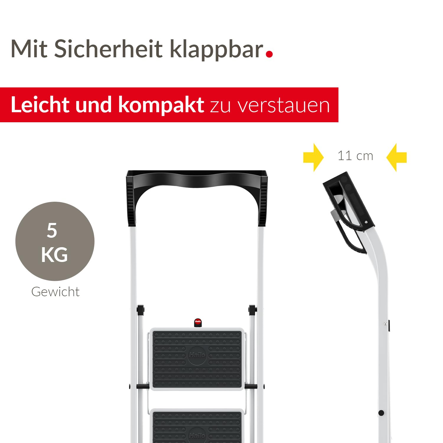 Hailo K75 ComfortLine Klapptritt - 2-stufige Trittleiter aus Stahl mit Sicherheitsbügel und Ablageschale - Arbeitshöhe bis 2,47 m - Gewicht: 5 kg - Weiß