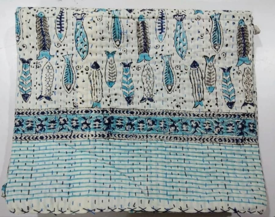 Fish Print Kantha Quilt,Indian Hand Block Print Kantha Quilt,Reversible Cotton Bedding Bedspread Twin Size Vintage Kantha Gudri Handmade Kantha gudari (Color-3, Queen Size 90x108)