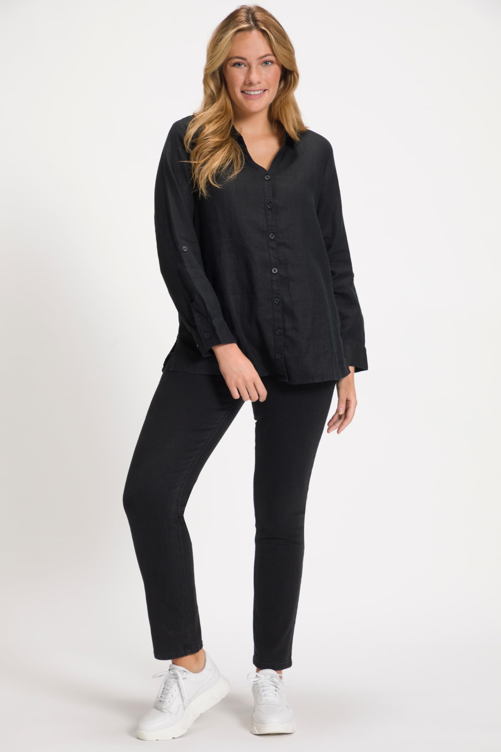Ulla Popken Blusa in Lino con Colletto Aperto e Maniche Lunghe 794882