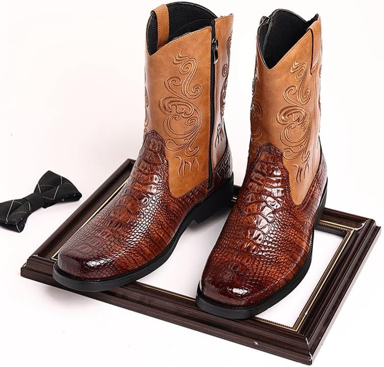 カウボーイブーツ 男性用 サイドジッパー ミッドパイプ スクエアトゥ ワイドカーフプル クラシック レトロ メンズ チャンキーワーク