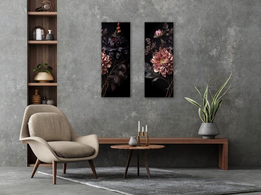 artissimo, Glasbild, 30x80cm, AG5463A, Vintage Flowers: Opulente Blüten II, Bild aus Glas, Wandbild Wonzimmer modern, schmal hoch, Blumen schwarz rosa