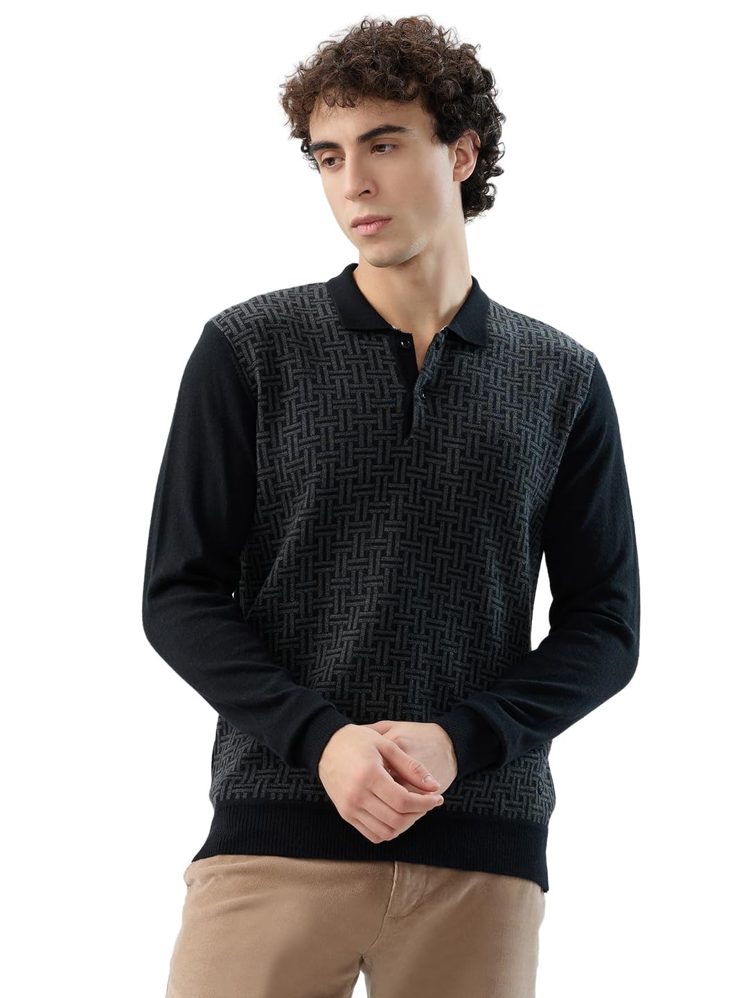 raymond Men Contemporary Fit Structure Pattern Merino Wool Acrylic Blend Polo Neck Full Sleeve Casual Sweater Black-picture-36