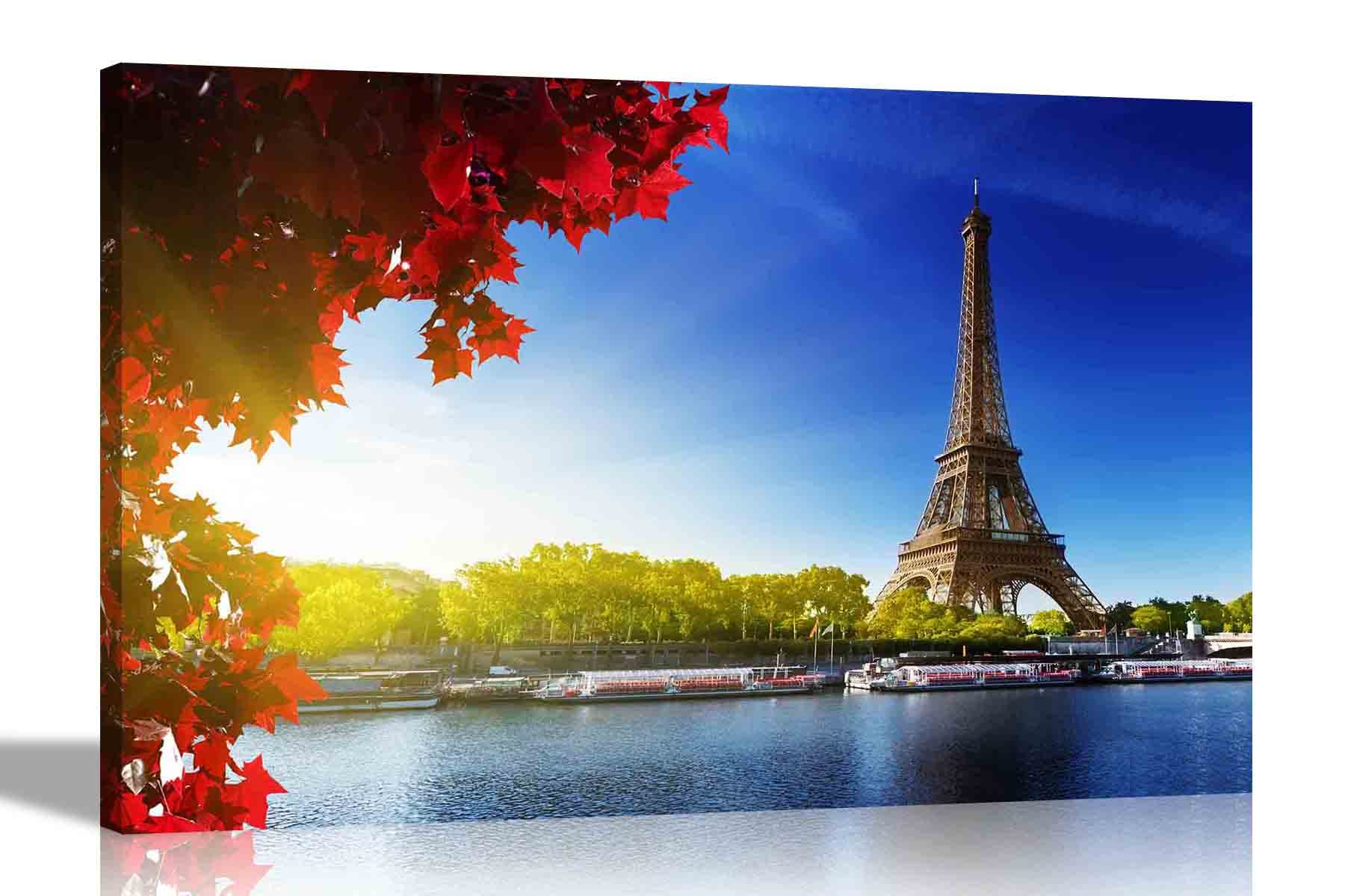 Artley Prints Multicoloured Autumn Leaves Eiffel Tower Paris, France Canvas Prints Framed Wall Art City Poster Artwork For Home Livingroom Botanical Pictures 60 X 40Cm (24 X 16 Inches) A2