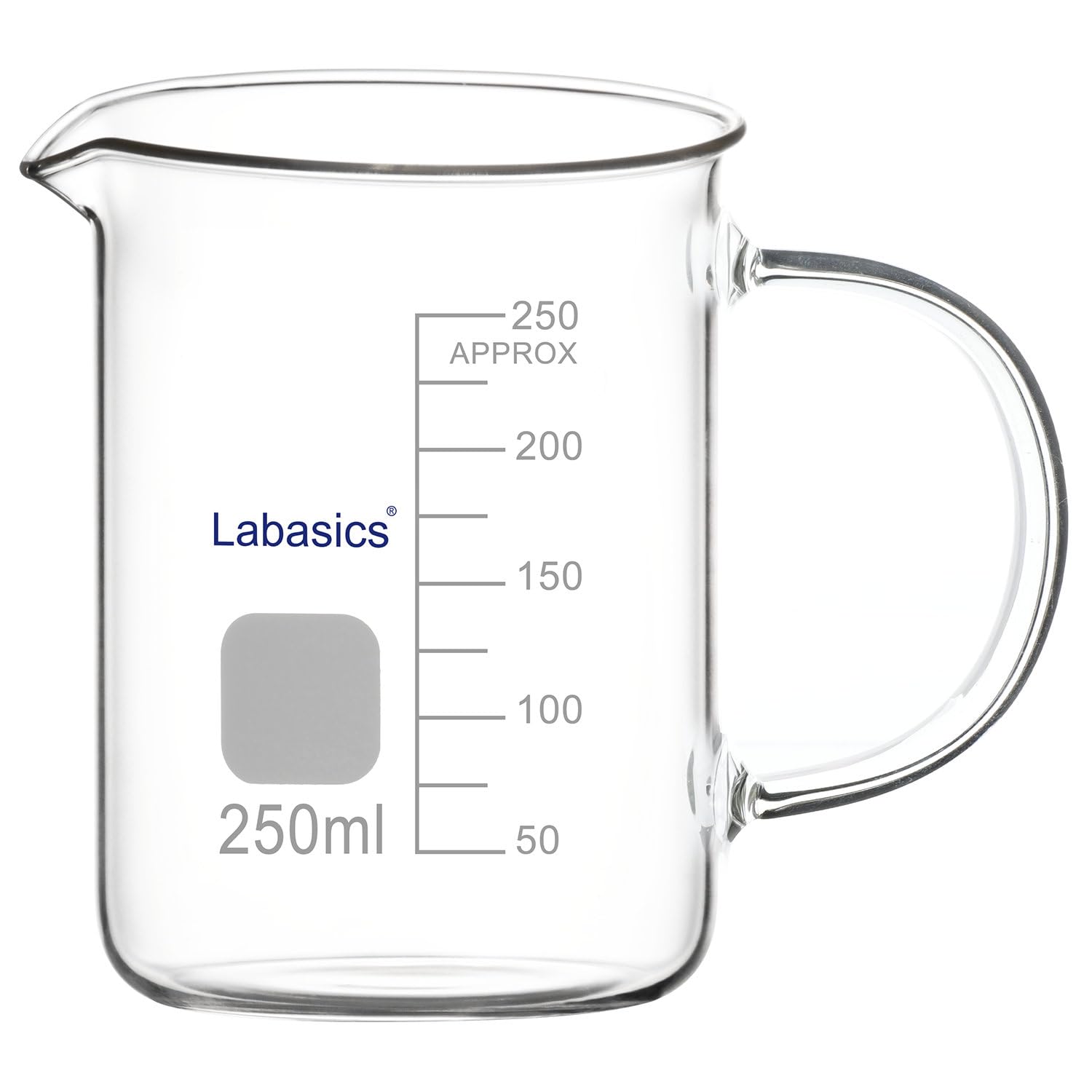 Labasics Bicchiere di Vetro, G3.3 Bicchiere Graduato in Vetro Borosilicato da Laboratorio Bicchiere di Misura Trasparente Bicchiere di Forma Bassa Griffin con Manico e Beccuccio, 250 ml