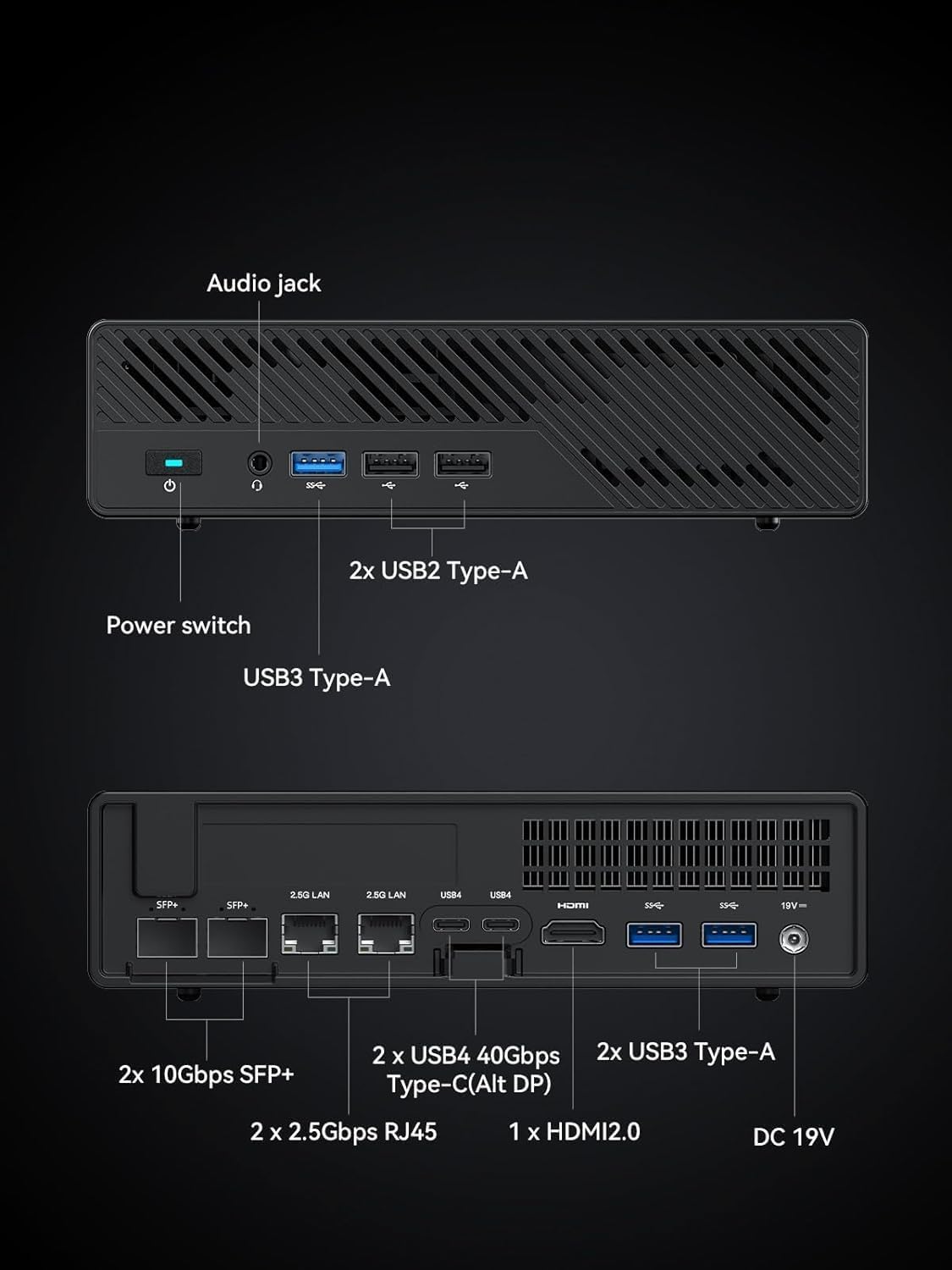 MINIS FORUM MS-01 Mini PC, Prozessor Core i5-12600H 12C/16T bis zu 4,5 GHz, Barebone ohne DDR5 SODIMM/M.2 2280 NVME SSD/3x M.2 2280/22110/U.2 SSD/OS, HDMI/2 x USB4/Port SFP+ 10G×2/2,5G RJ45x2
