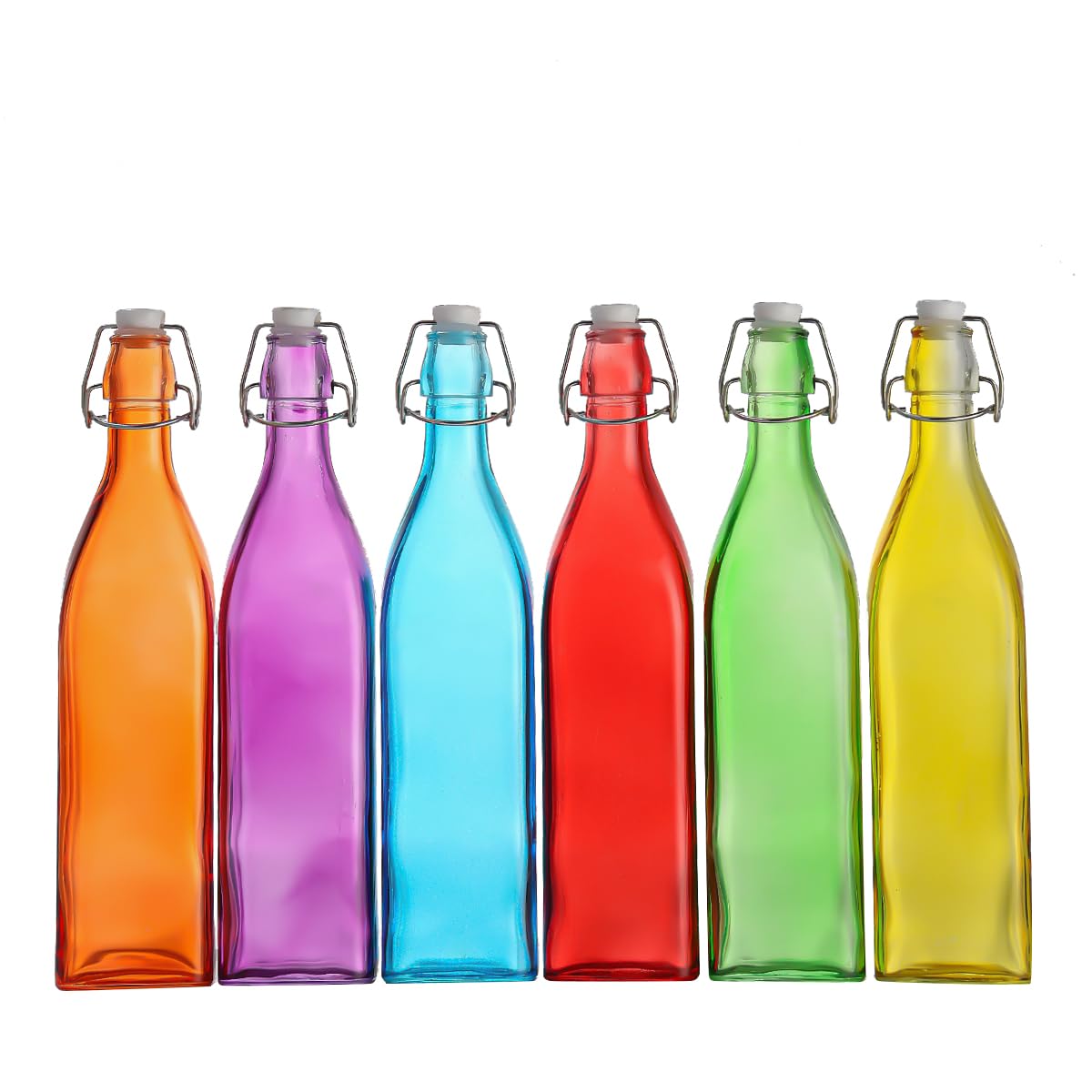Simpa Orange, Purple, Blue, Red, Green, Yellow Vintage Style Mix Colour Glass Bottles With Swing Top Lids. Square 1L Bottles - Set Of 6
