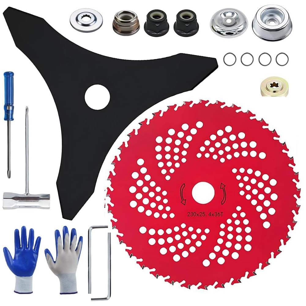 SKIKHN 9" x 36 Teeth Carbide Tipped Brush Cutter Blades & 3 Teeth Weed Eater Blades, Heavy-Duty Trimmer Blade Combo with Universal Adapter Kit, Brush Cutter Blade Set for Brush Cutter, Weed Eater