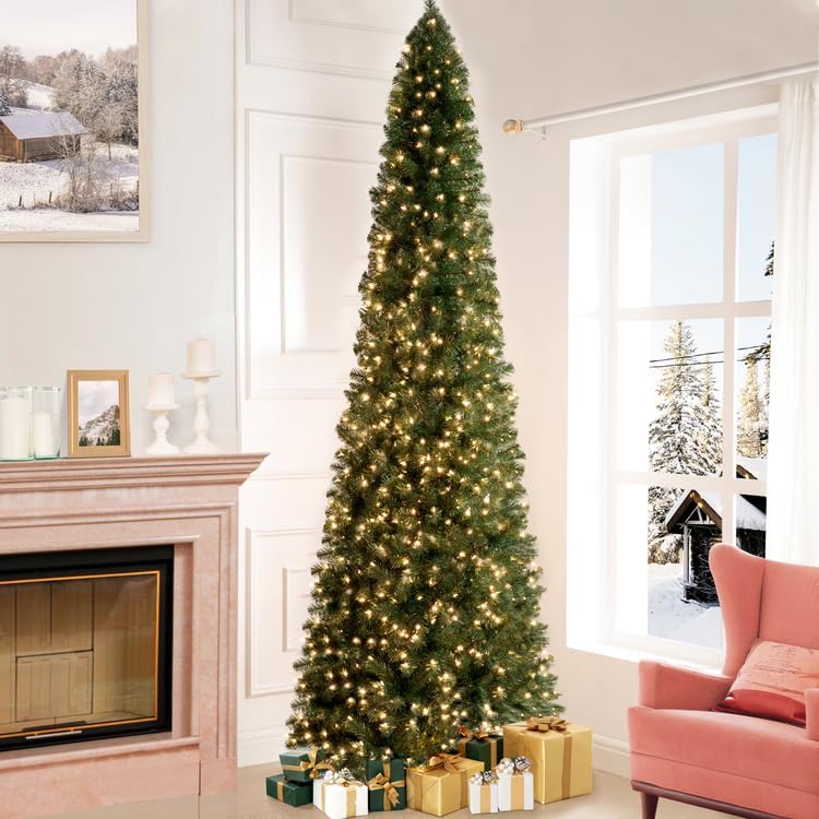 Naomi Home 9ft Slim Christmas Tree with Lights Realistic Skinny Pencil Christmas Tree Prelit with...